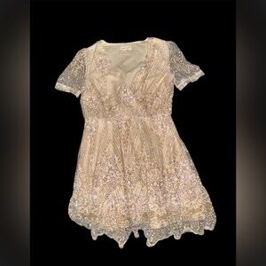 Embellished Ivory Champagne Mini Dress with V-Neck